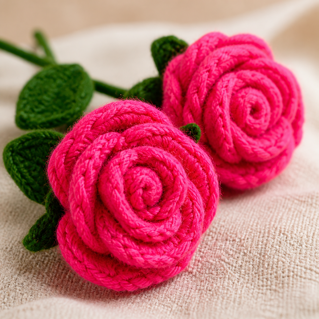 Close-up of handmade crochet rose petals