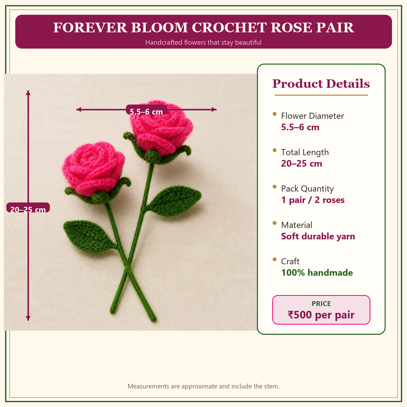 Crochet rose flower sticks measurements and product details