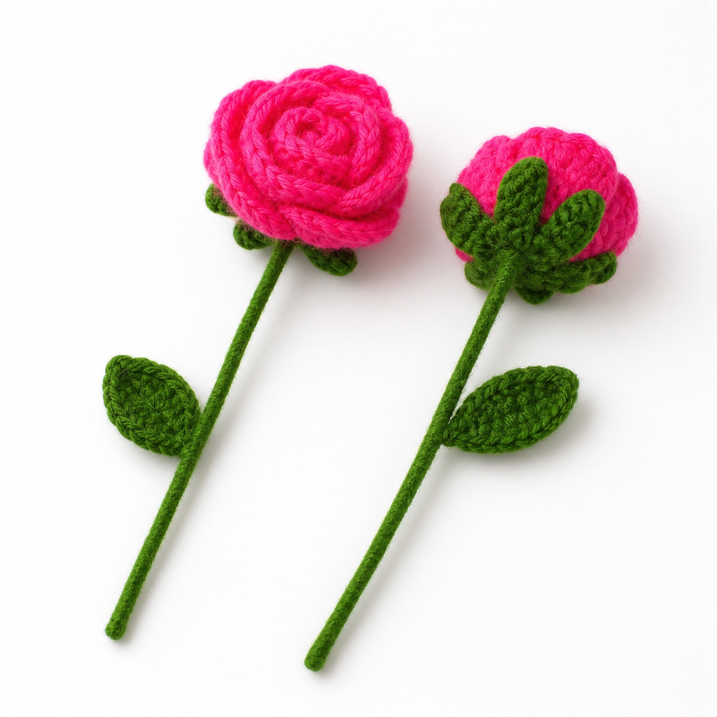 Front and back view of crochet rose flower sticks