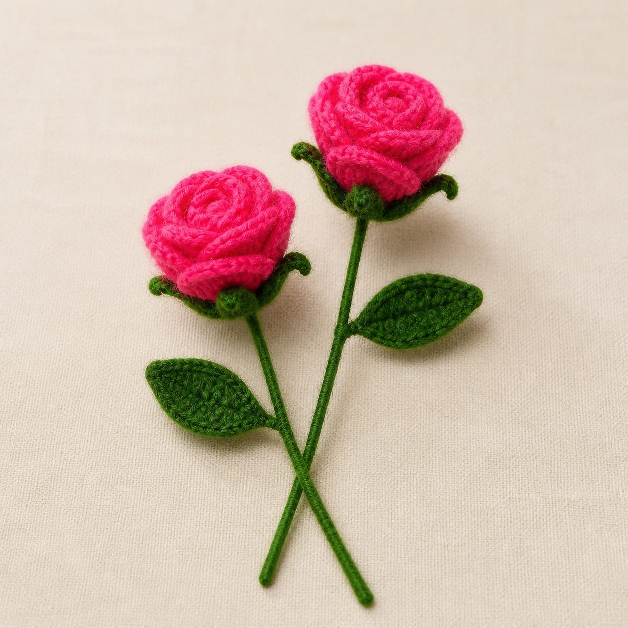 Pair of handmade pink crochet rose flower sticks