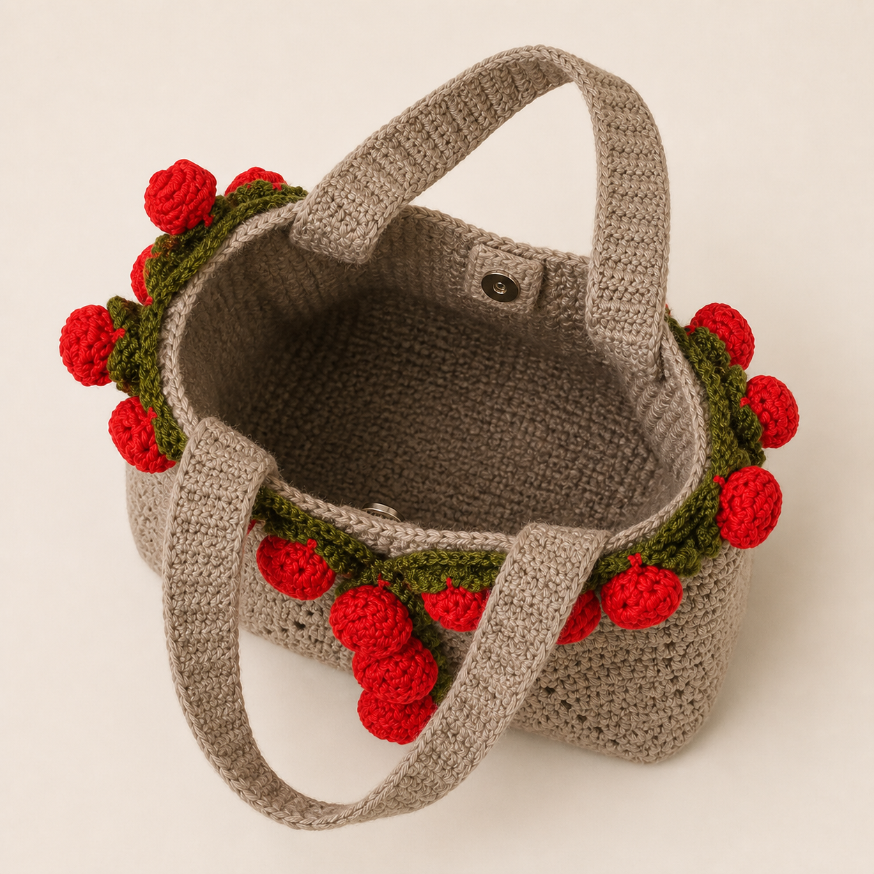 Interior view and magnetic closure of the crochet rose tote bag
