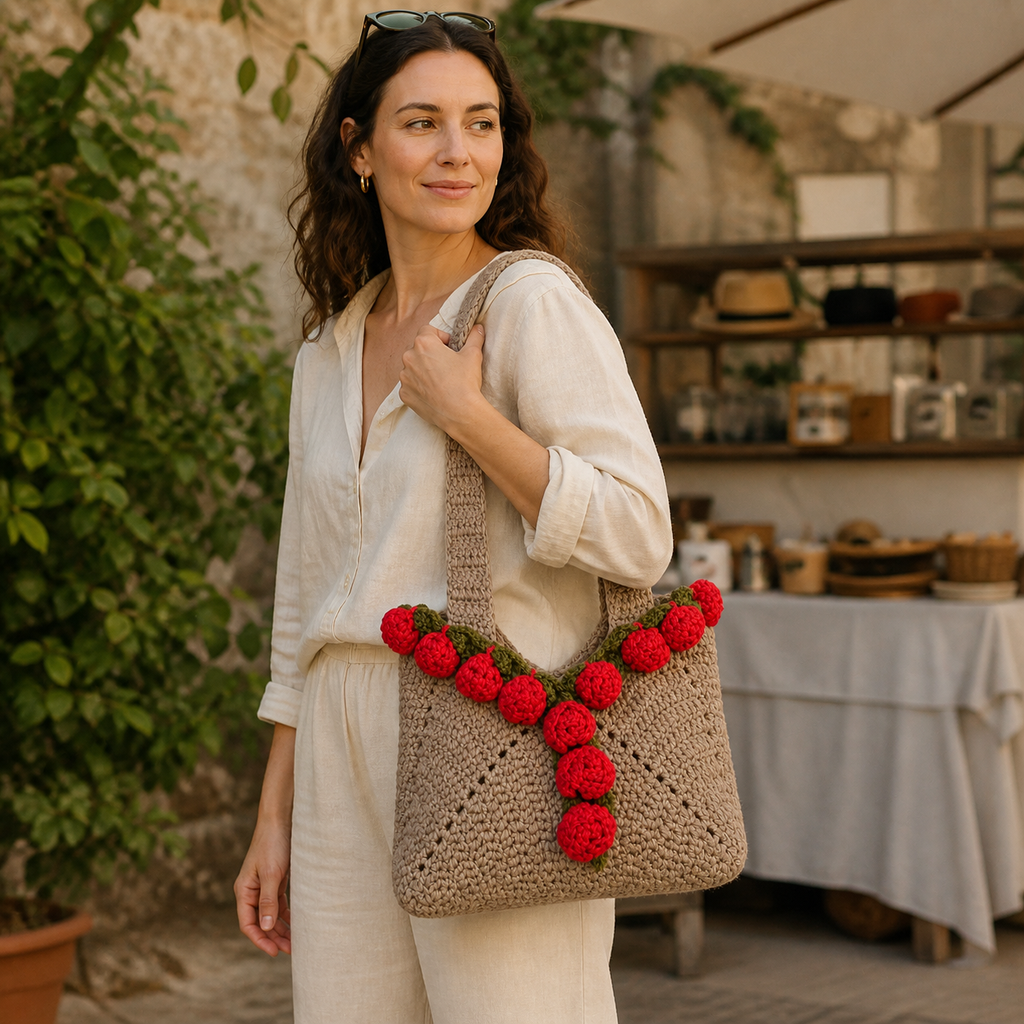 Woman carrying the handmade crochet rose tote bag