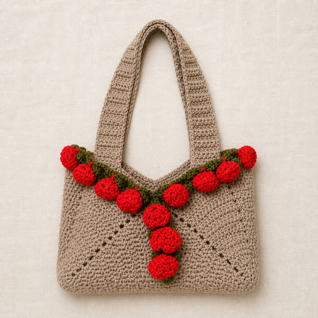 Handmade beige crochet tote bag decorated with red roses and green leaves