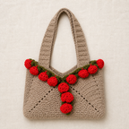 Handmade beige crochet tote bag decorated with red roses and green leaves