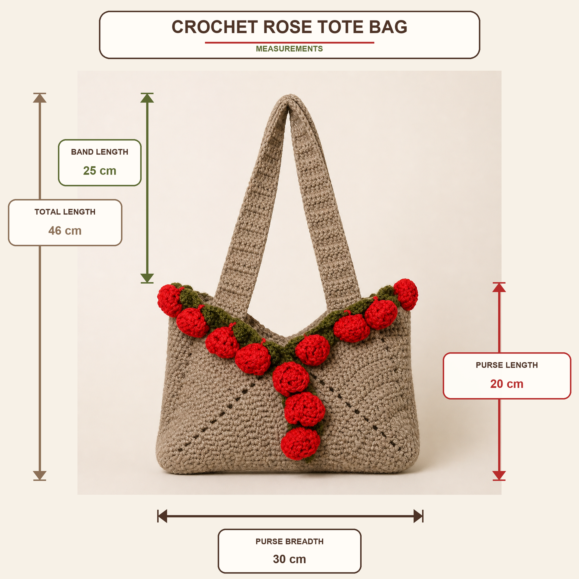 Crochet rose tote bag measurement guide