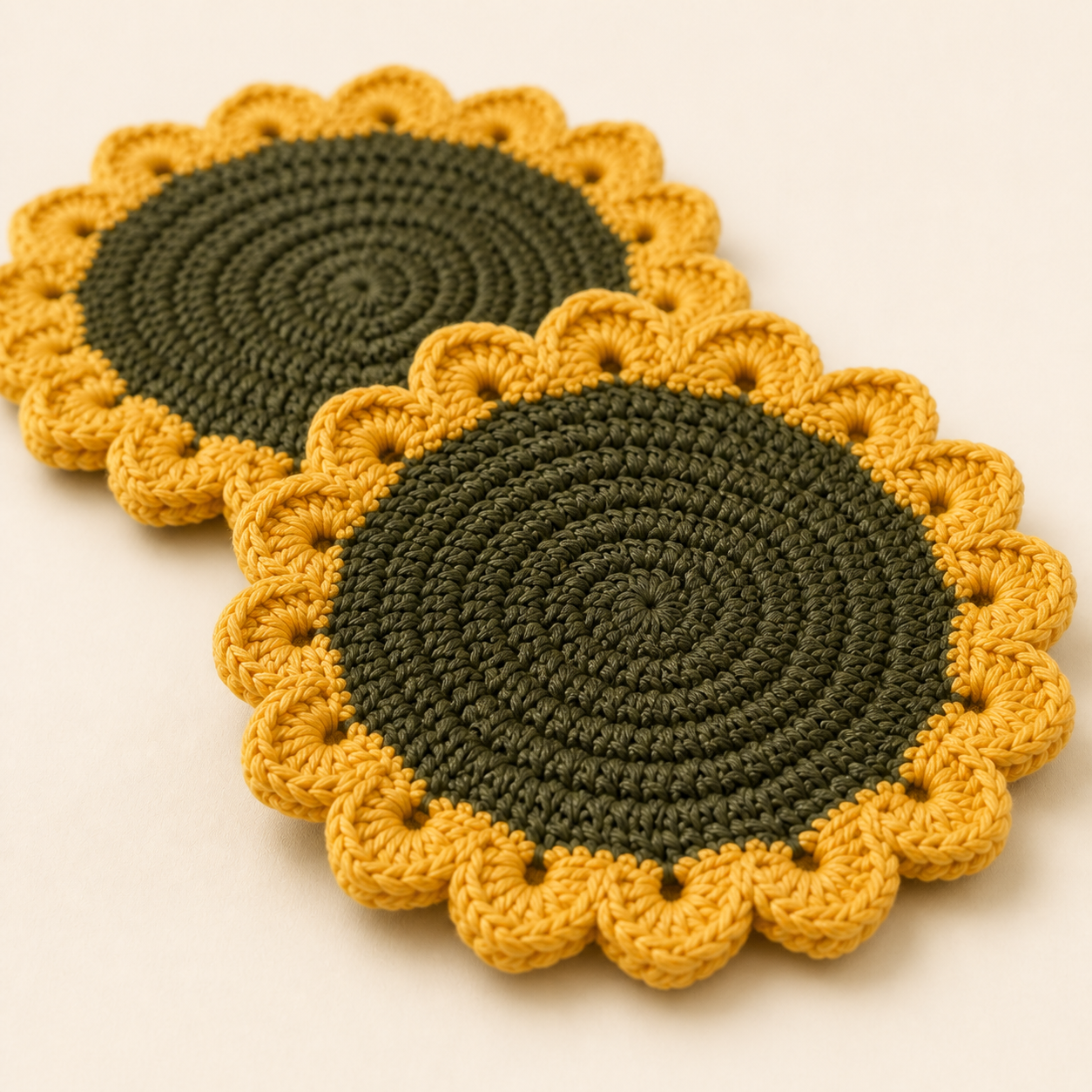 Close-up of detailed crochet stitching and sunflower petal edges