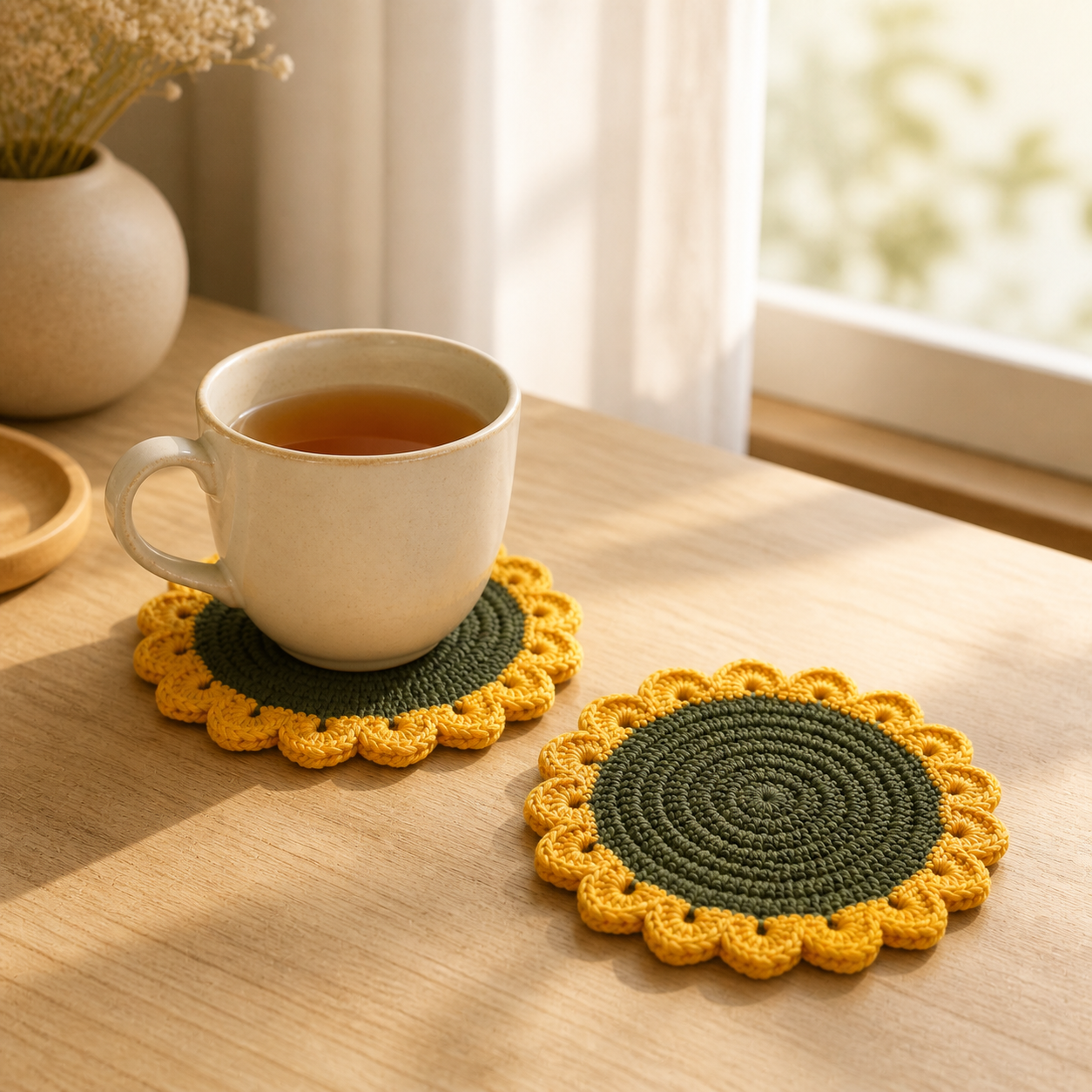 Crochet sunflower coaster set displayed with a tea cup on a wooden table