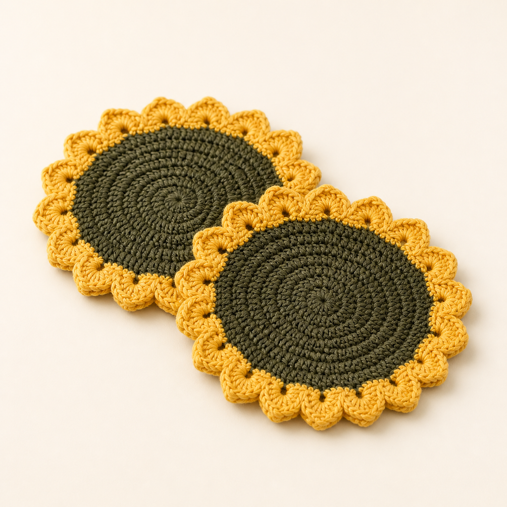 Set of two handmade crochet sunflower coasters with olive green centres and golden yellow petals
