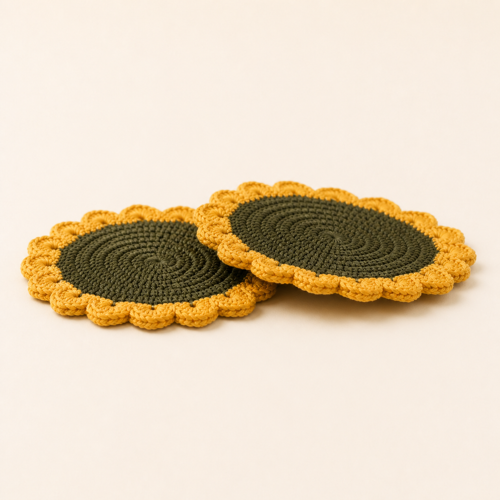 Side view showing the thickness of two crochet sunflower coasters