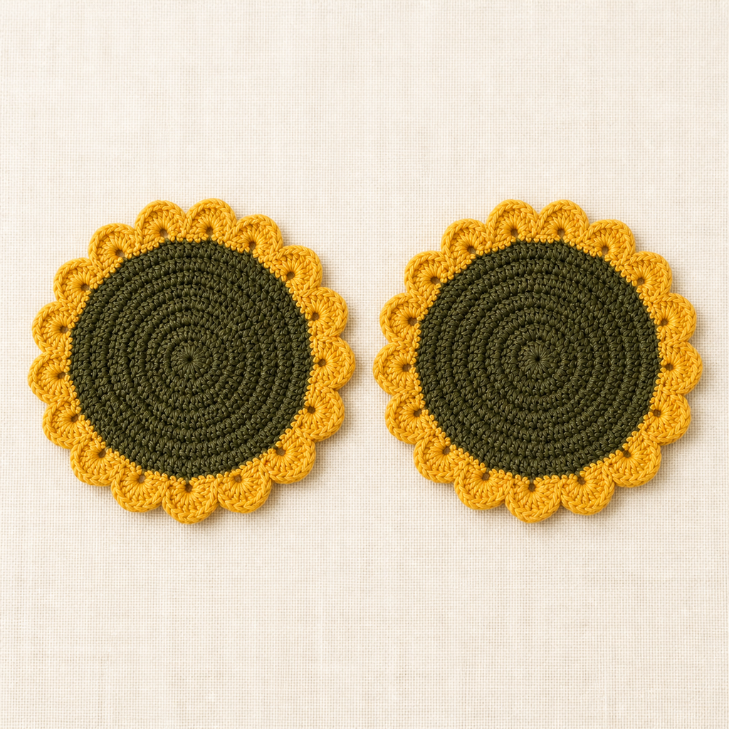 Top view of two crochet sunflower coasters