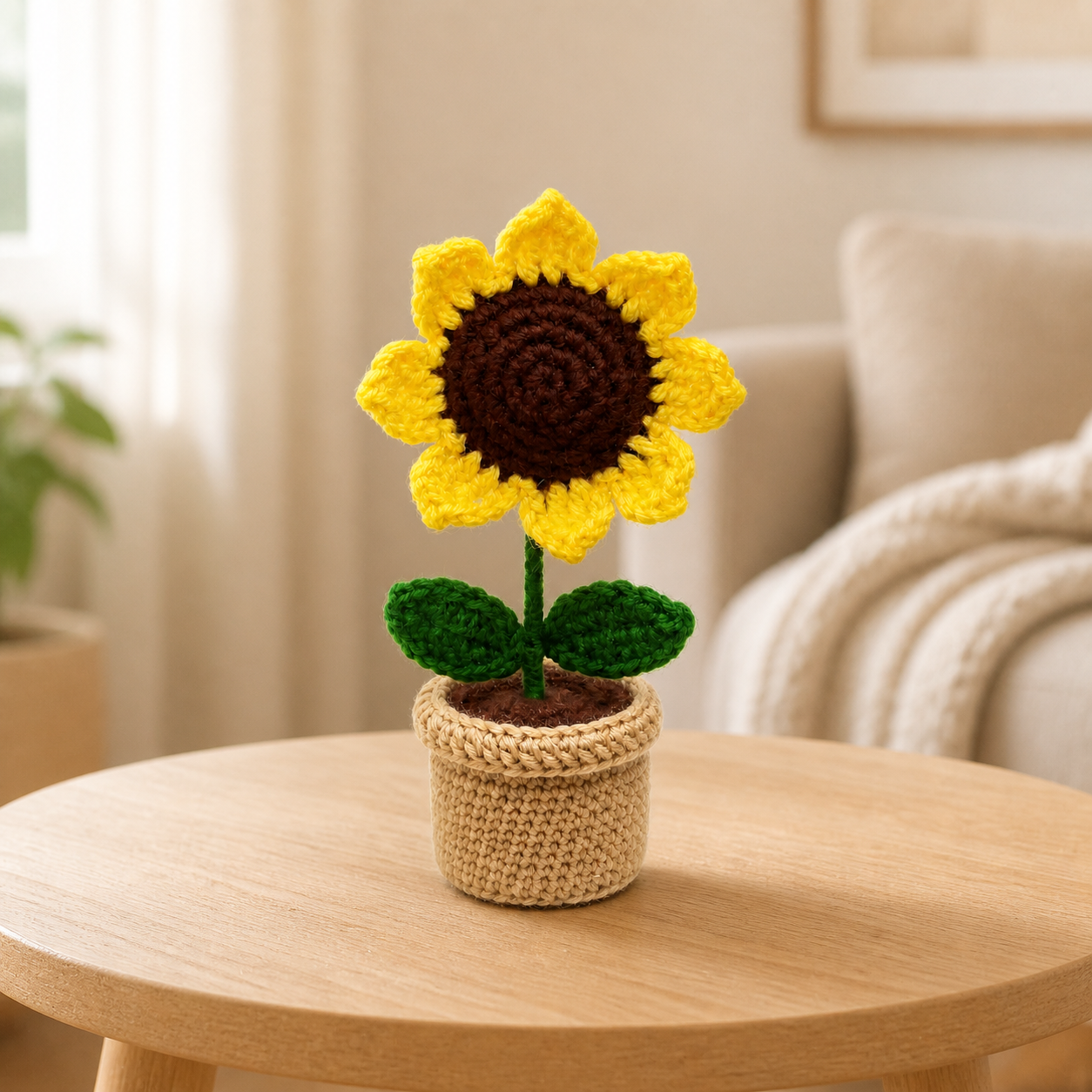 Crochet sunflower pot displayed as cheerful tabletop home decor