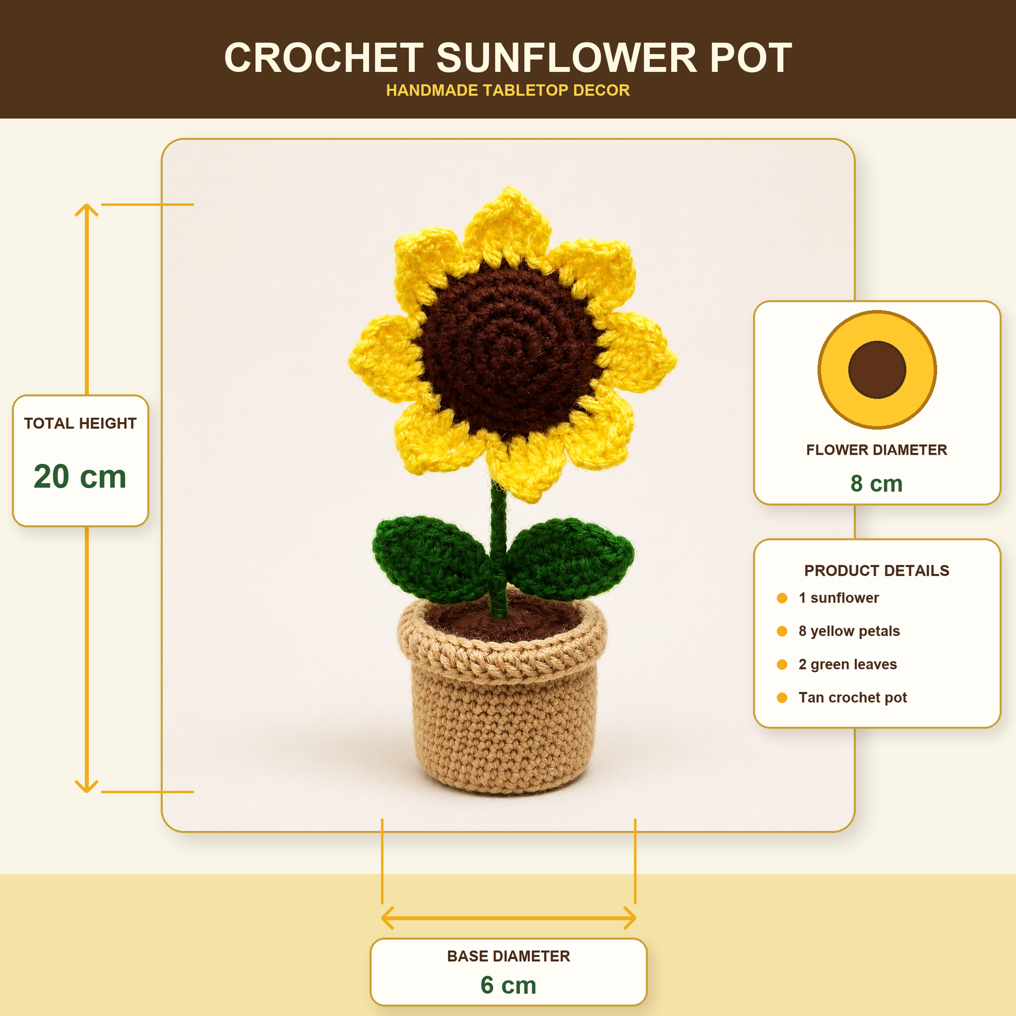 Crochet sunflower pot measurements and product details