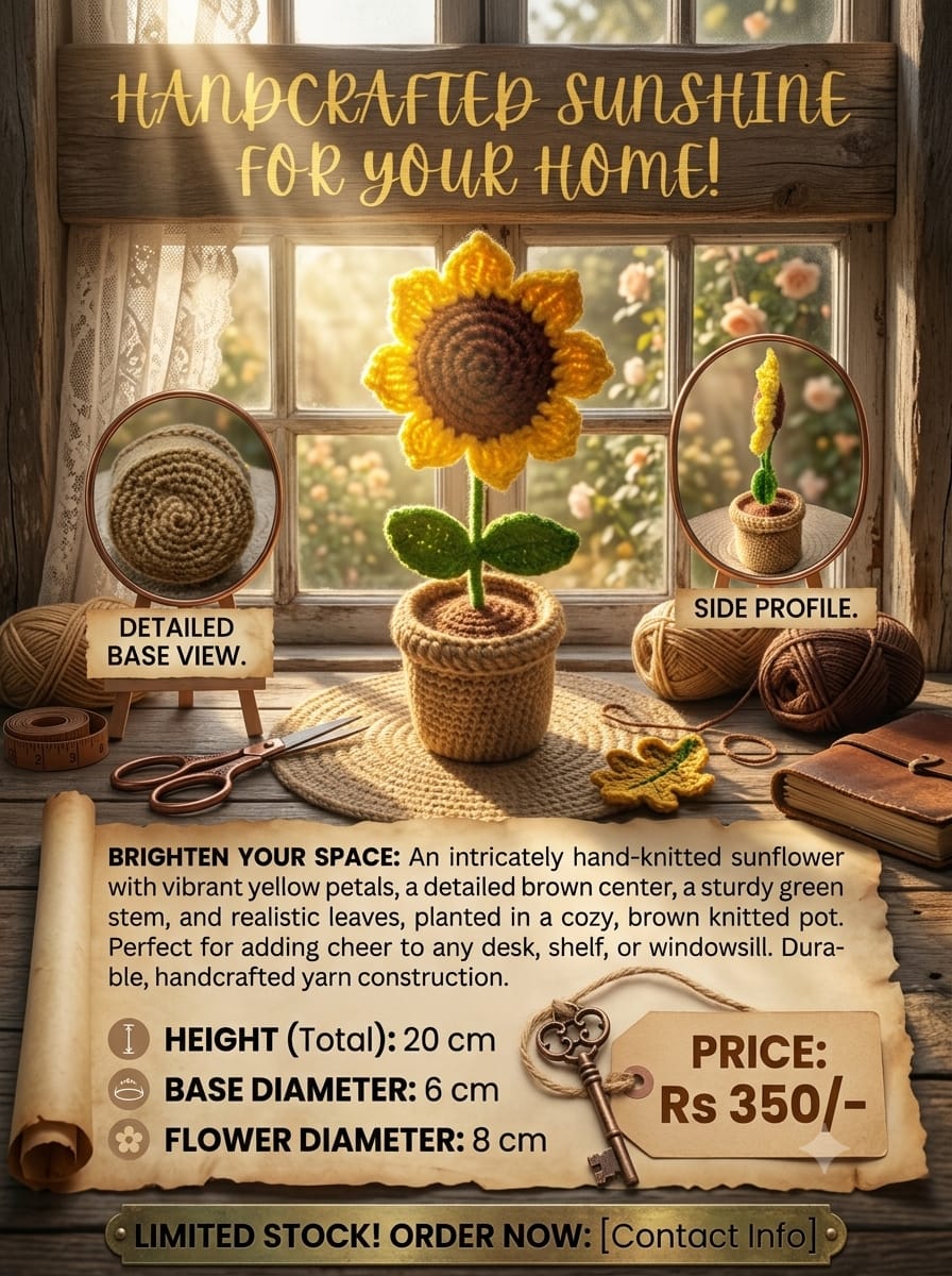 Crochet sunflower pot features, measurements and price