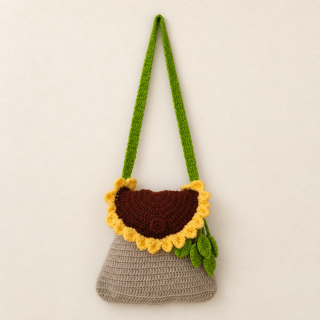 Full view of handmade crochet sunflower sling bag