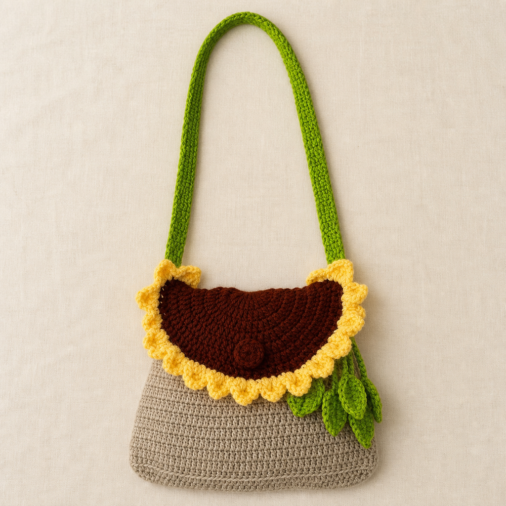 Handmade crochet sunflower sling bag with grey body, brown flap, yellow petals and green strap