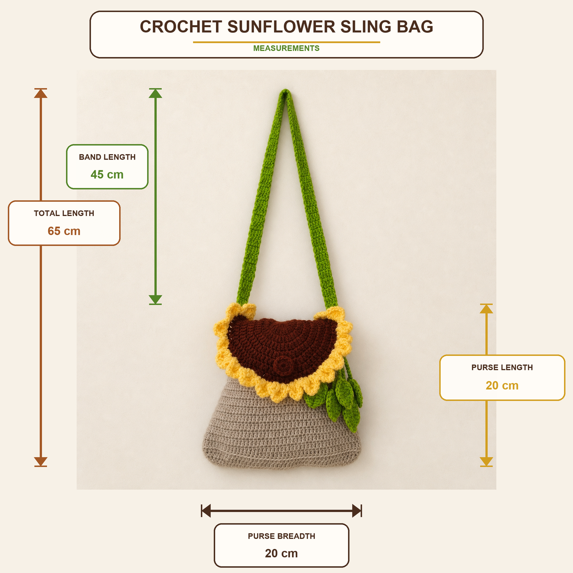 Crochet sunflower sling bag measurement guide