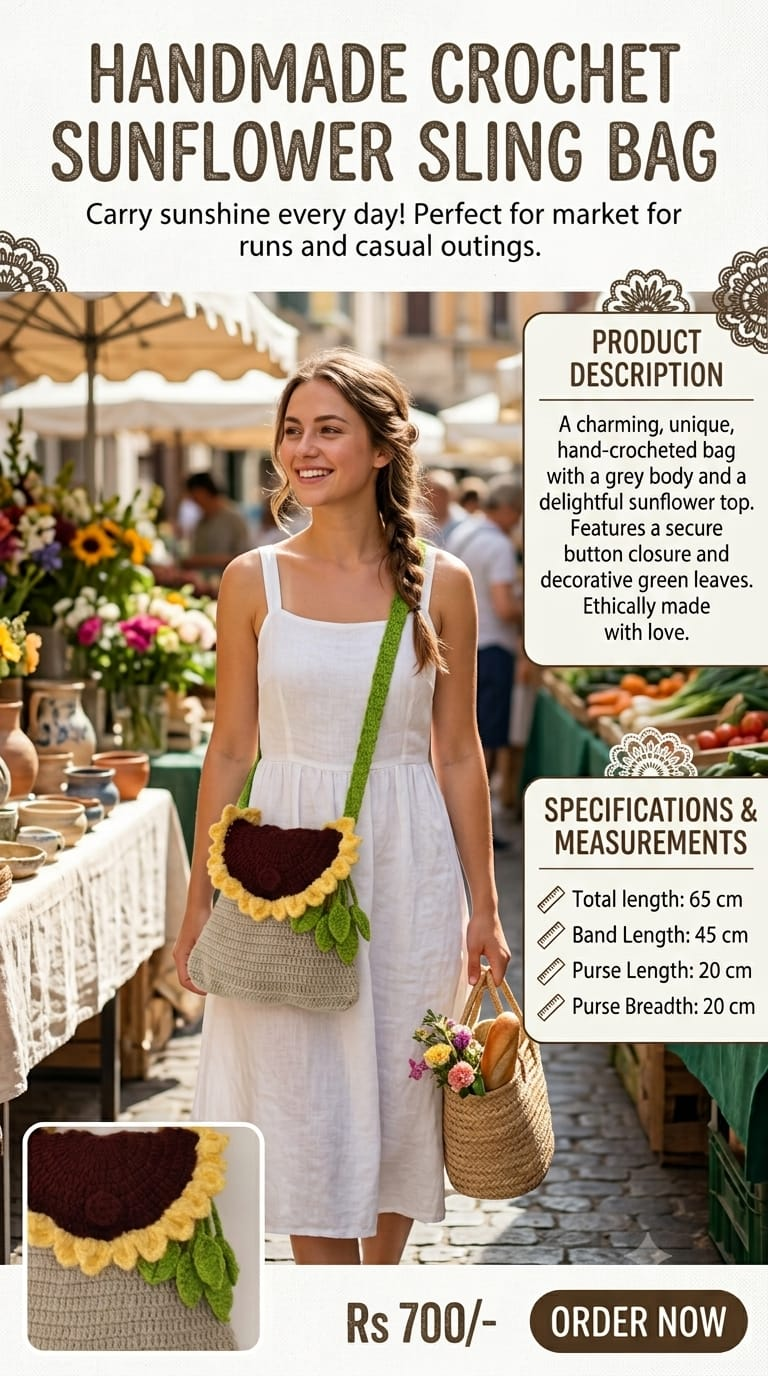 Handmade crochet sunflower sling bag product details and measurements