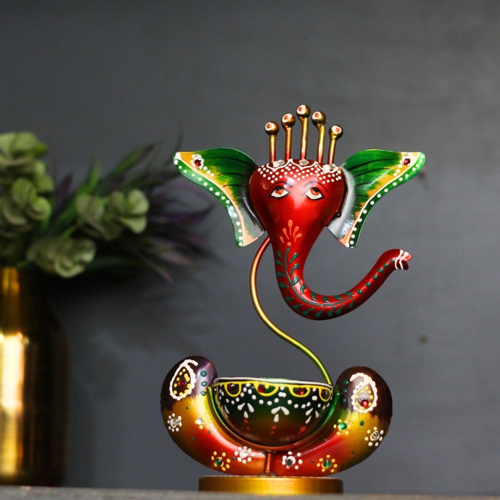Painted Ganesh Tealight Holder – Red/Green