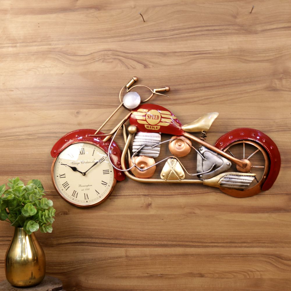 Red Motorcycle Wall Clock — Bright red with black and chrome detailing