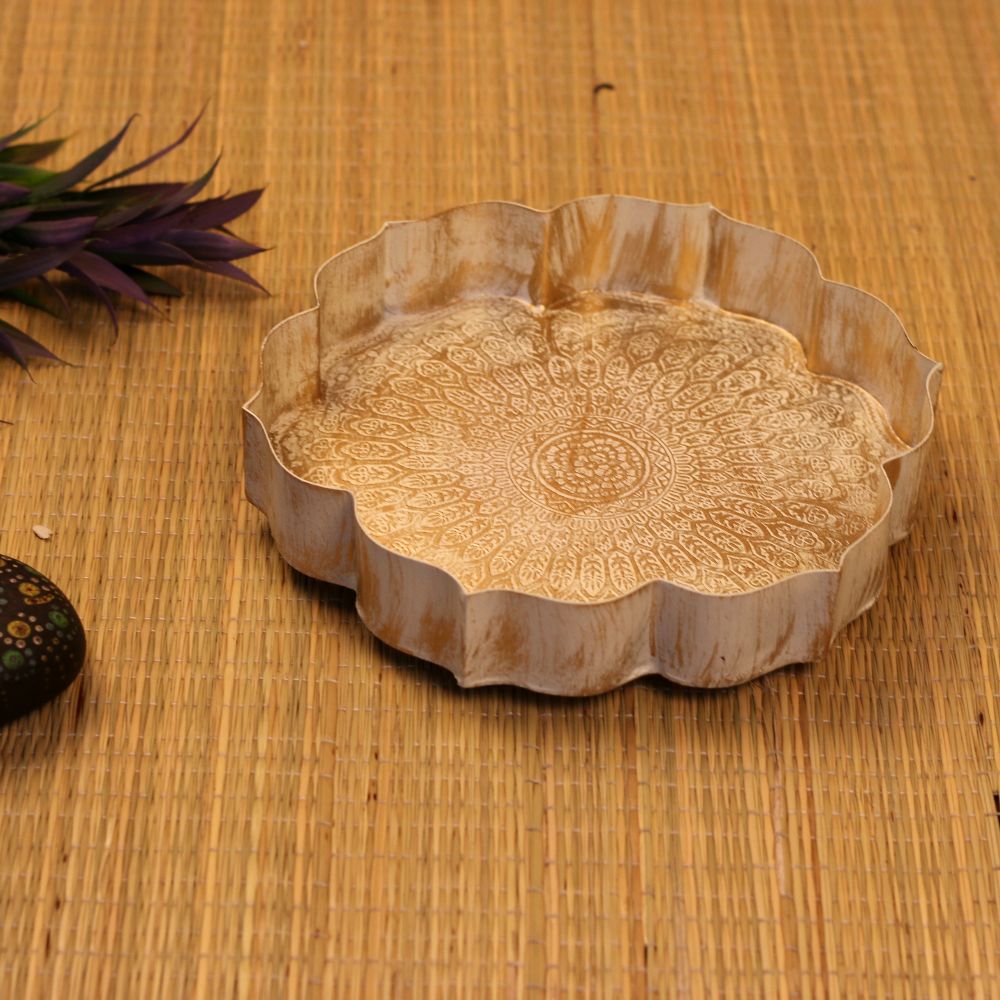 Lotus Petal Serving Tray – White — Soft white with a pale antique wash