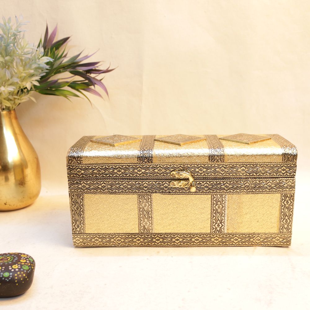 Three Jar Dryfruit Box with Oxidised Tray — Oxidised copper tone on a dark regzin-covered base