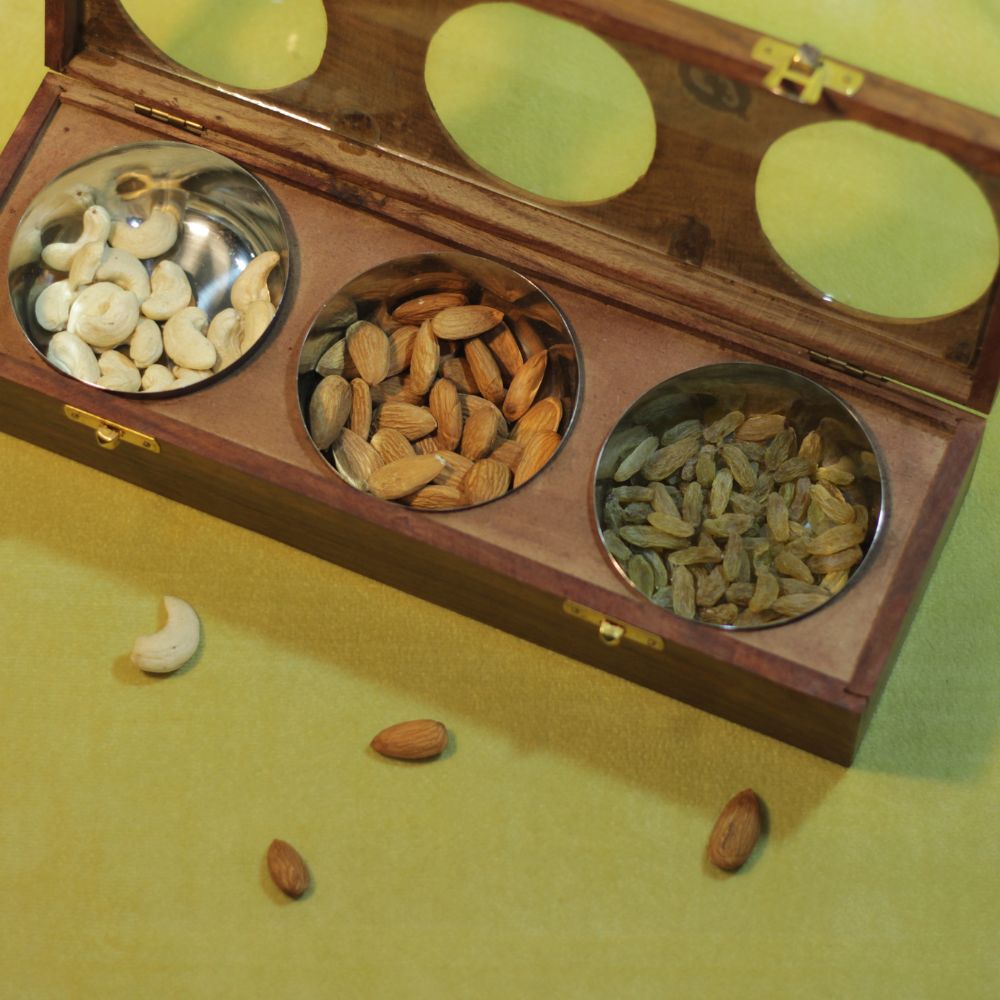Wooden Dryfruit Box with 3 Bowls – 12 x 4 inch — view 5