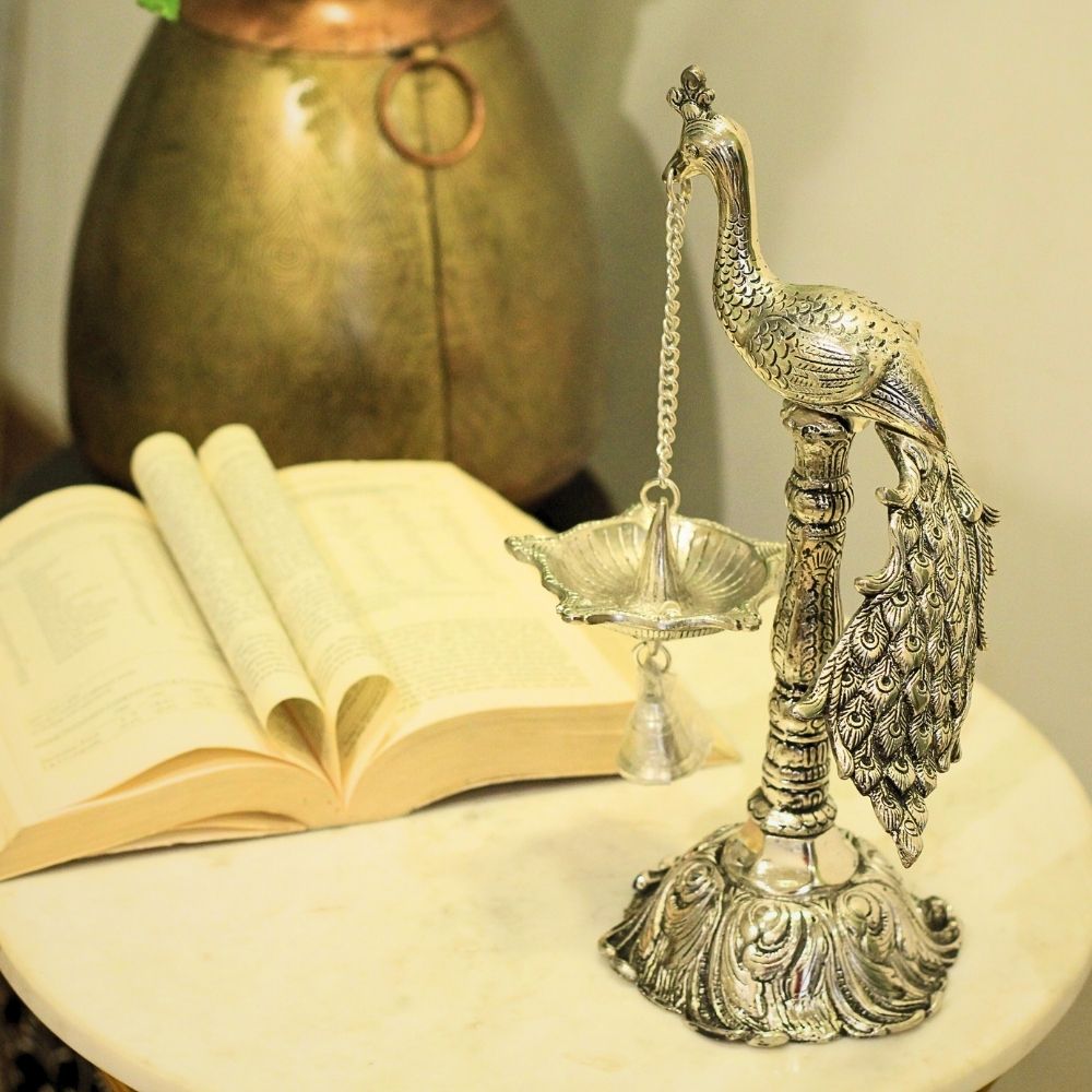 Standing Peacock Oil Lamp with Bell – 12 inch — view 3