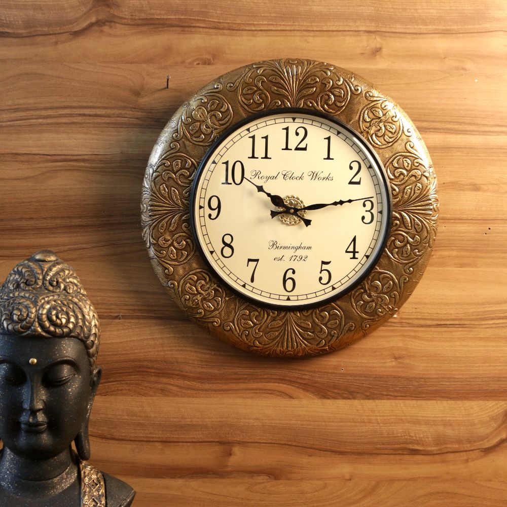 Ornate Brass-Rim Wall Clock – 18 inch — Antique brass tone with a cream dial
