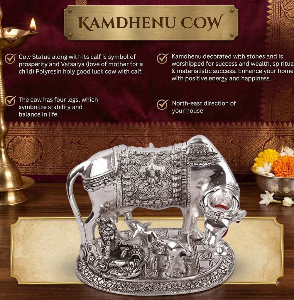 Krishna with Cow Plaque – Silver Finish