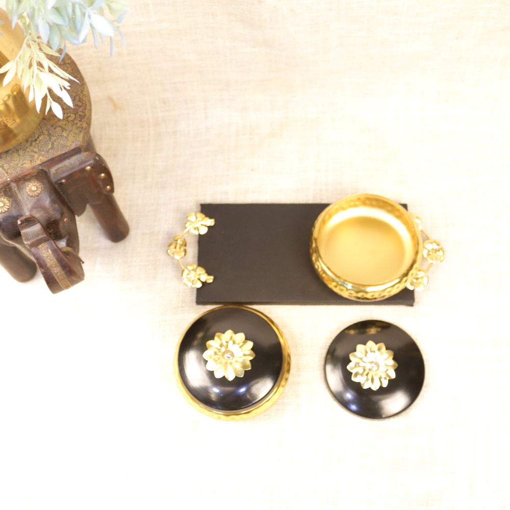 Black and Gold Lidded Bowl Set with Tray — view 3
