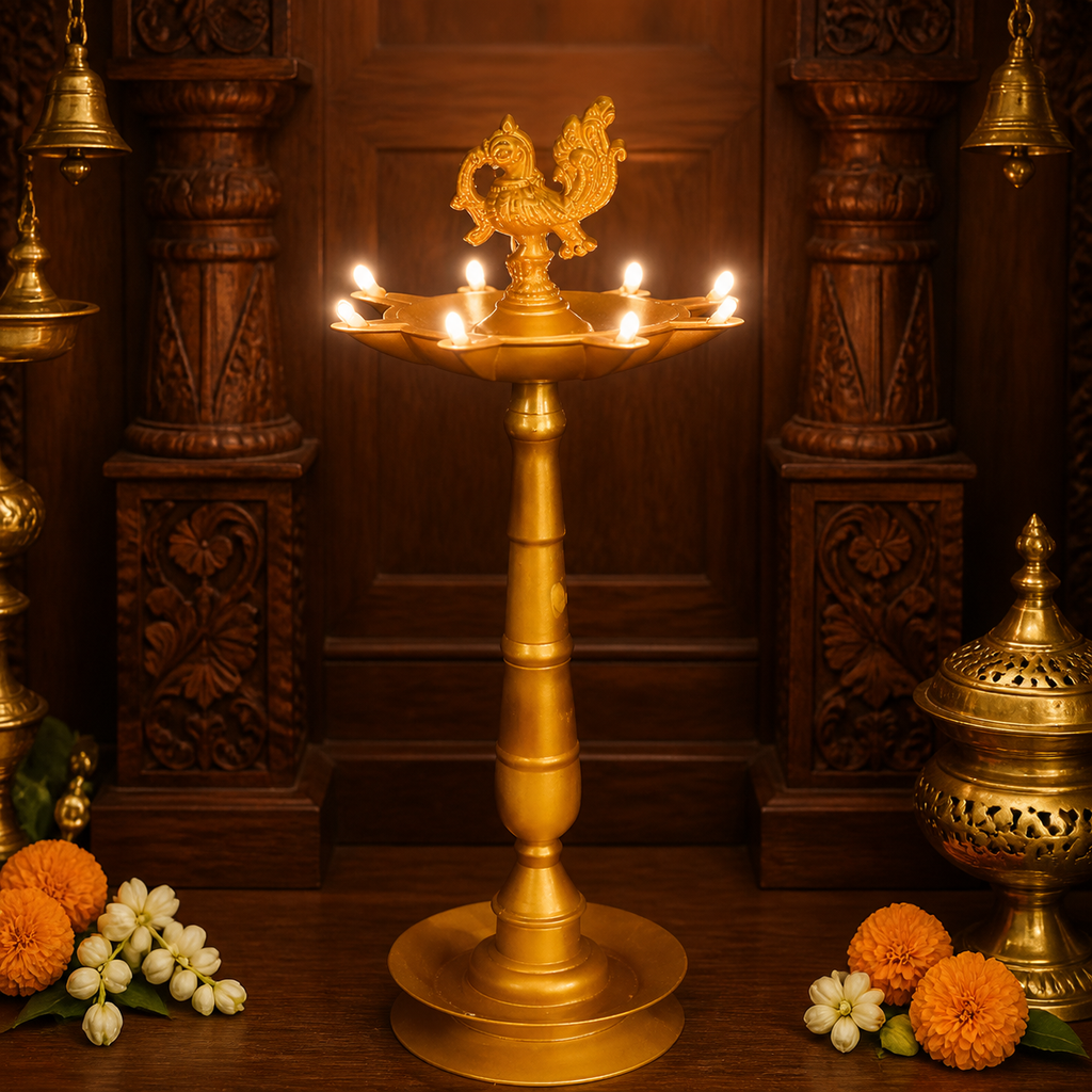 Divine Peacock Electric Diya displayed in a pooja setting