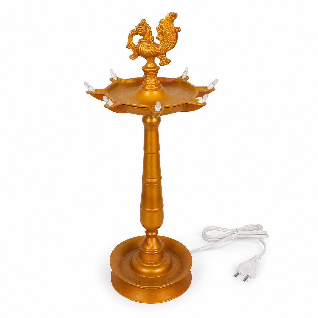 Full view of Divine Peacock Electric Diya with Indian two-pin plug