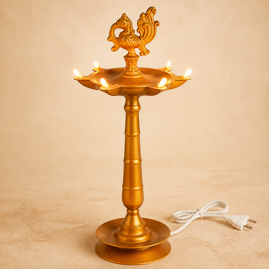 Divine Peacock Electric Diya with eight illuminated lights