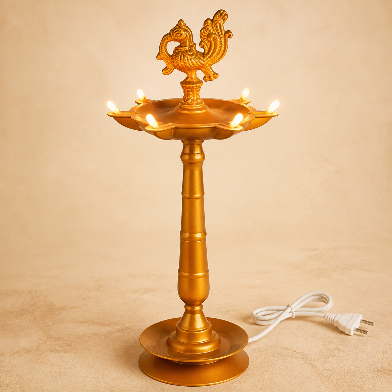 Divine Peacock Electric Diya with eight illuminated lights
