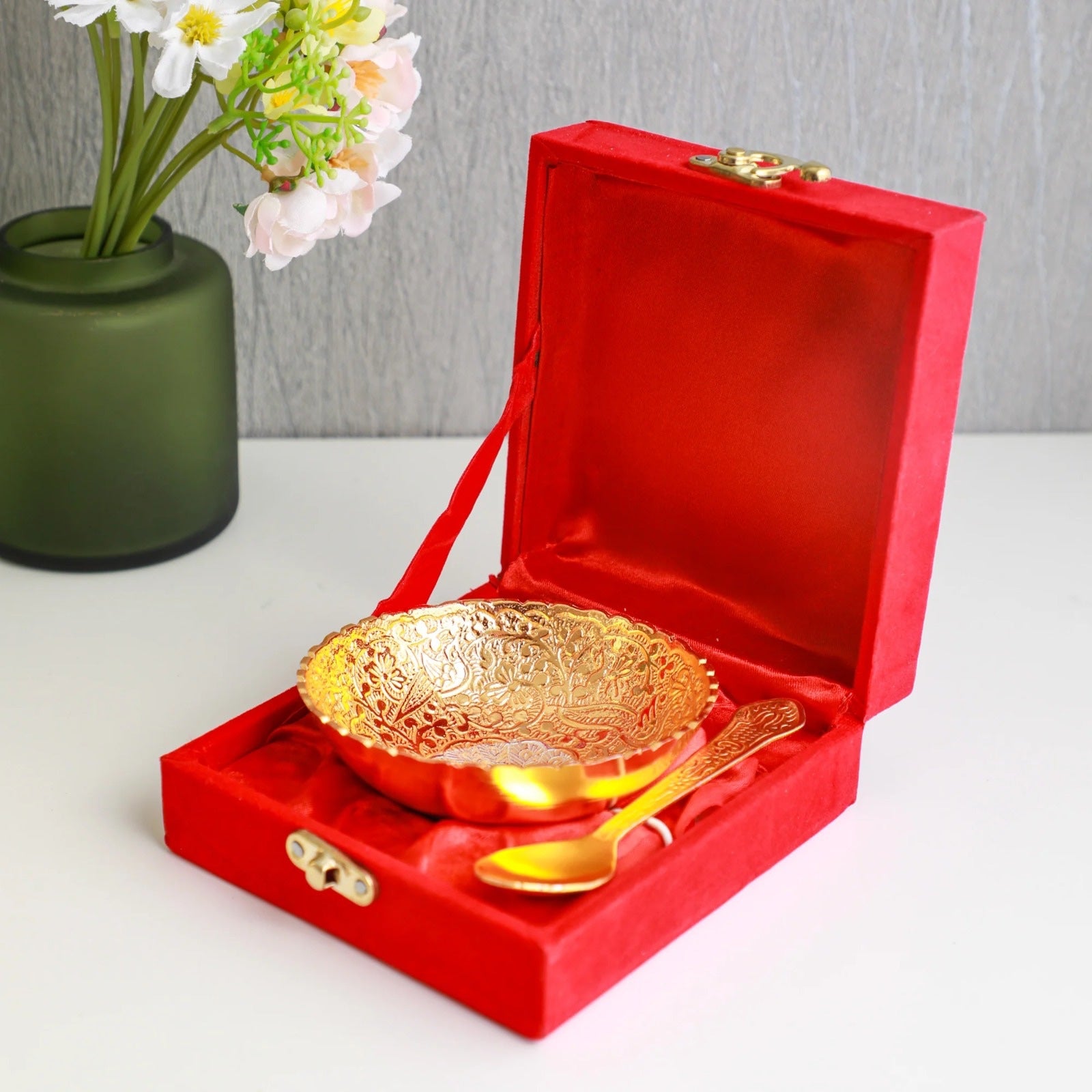 Gold-Finish Bowl and Spoon Set – Boxed, 4 inch — Bright gold tone in a red velvet case