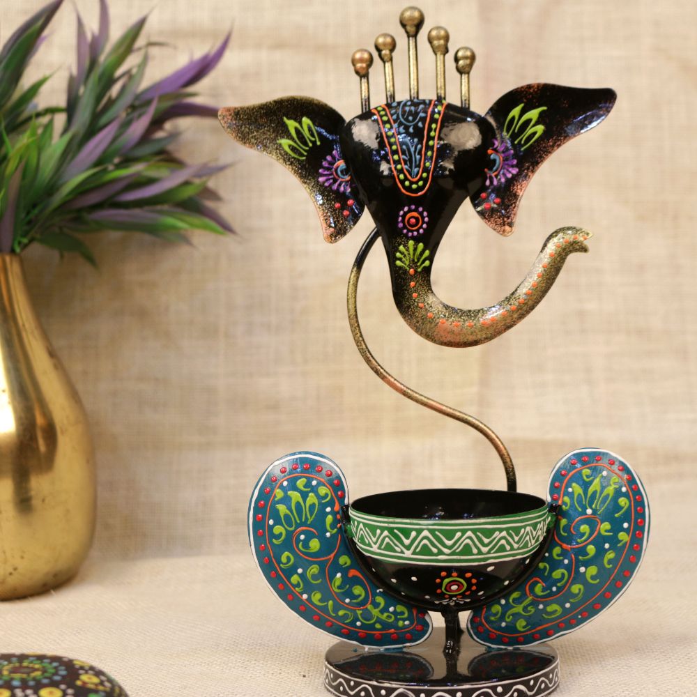 Painted Ganesha Tealight Holder – Black — view 4