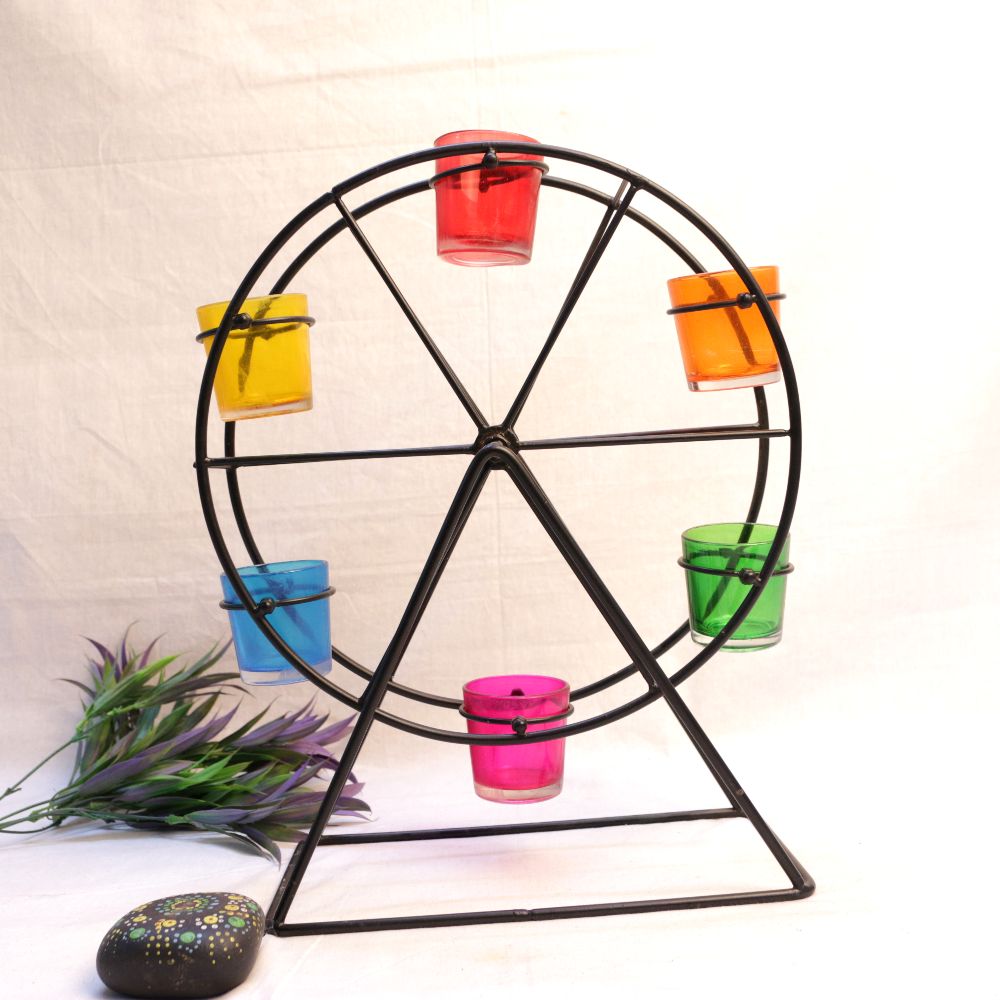 Ferris Wheel Tealight Stand with Coloured Glass — Black iron frame with six coloured glass cups