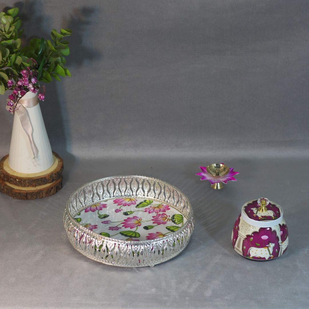 Iron Jali Basket with Meenakari Bowl and Diya