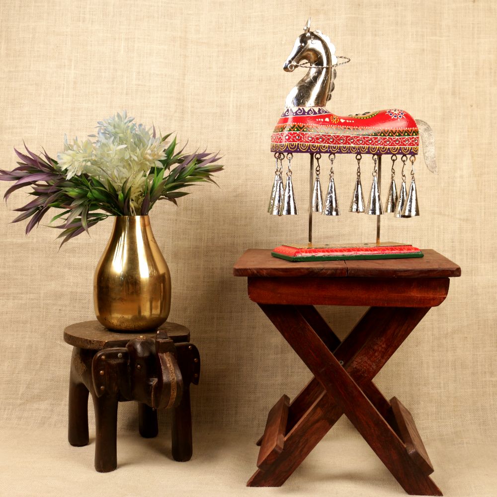 Painted Bell Horse – Fine — Red and gold hand-painted jhool over antique metal