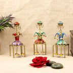 Lady Musicians with Stools – Set of 3 — Red, teal and blue hand-painting over antique gold