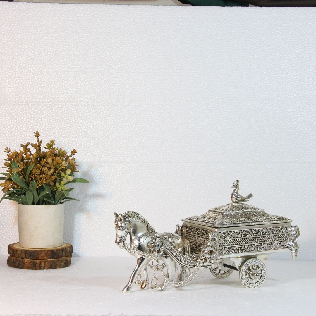 Silver-Finish Horse Cart Showpiece — Antique silver tone