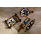 Painted Wooden Khatiya Platter Set – 4 Pieces — Hand-painted peacock motifs on natural wood