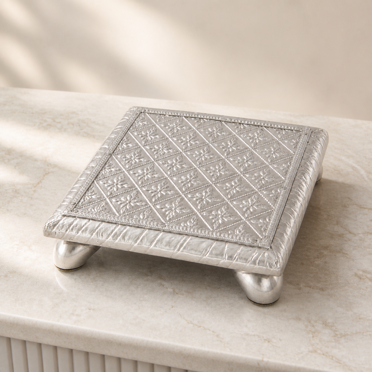 Silver-Foil Wooden Chowki – 4x4 inch