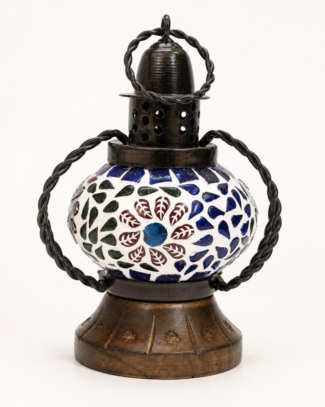 Round Mosaic Lantern on Wooden Base – Small