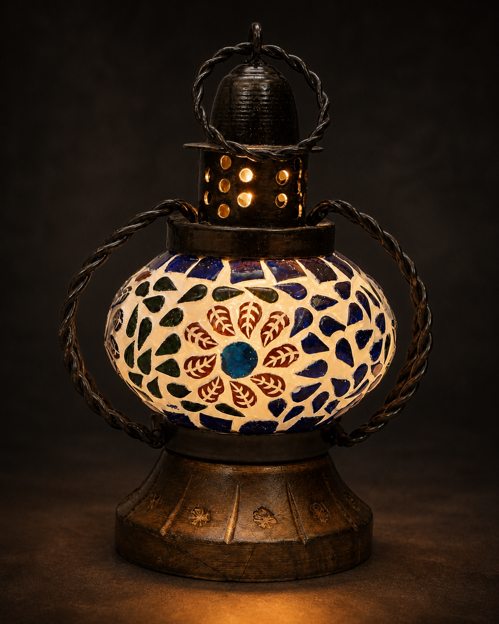 Round Mosaic Lantern on Wooden Base – Small