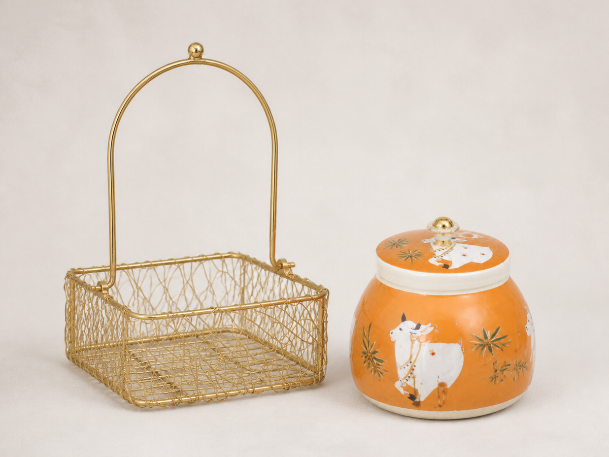Iron Jali Basket with Meenakari Bowl