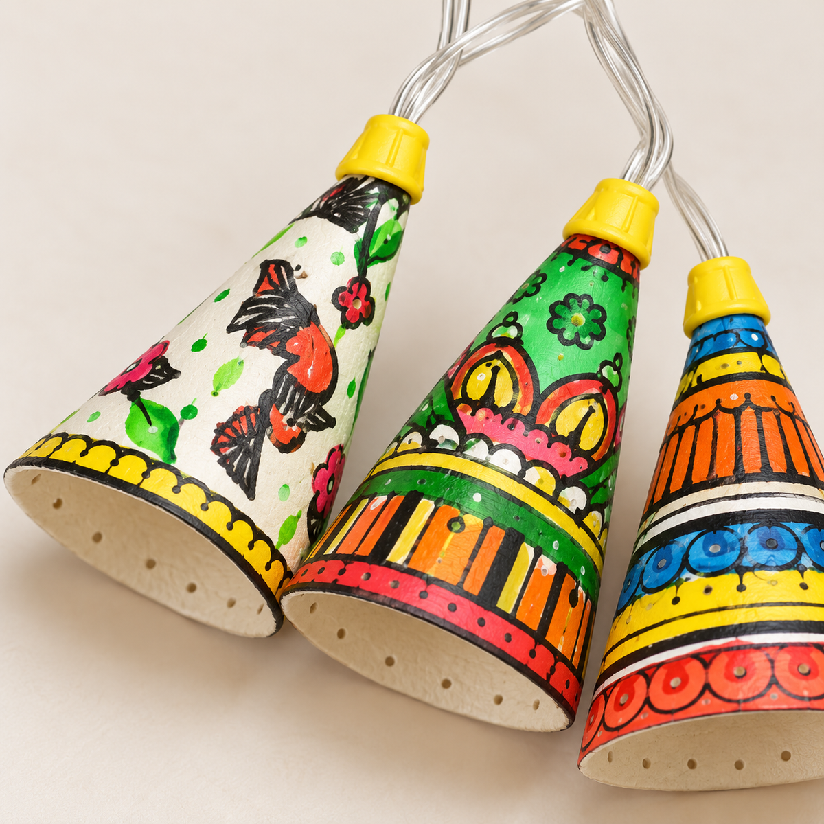 Hand-Painted Leather Cone Fairy Lights – String of 15