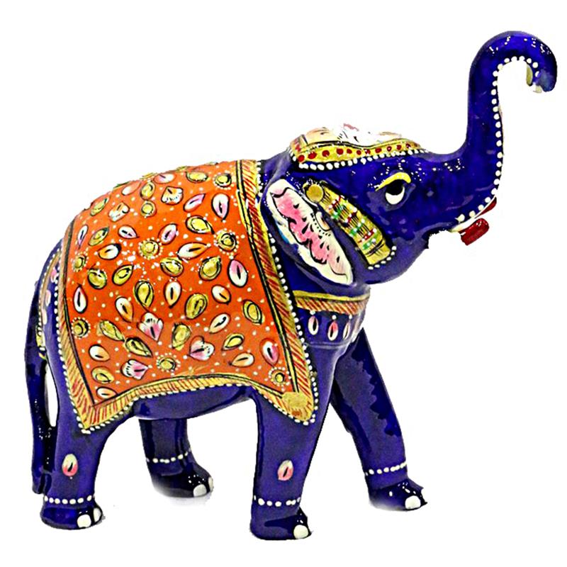 Meenakari Elephant Figurine – 4 inch — Cobalt blue with an orange and gold jhool