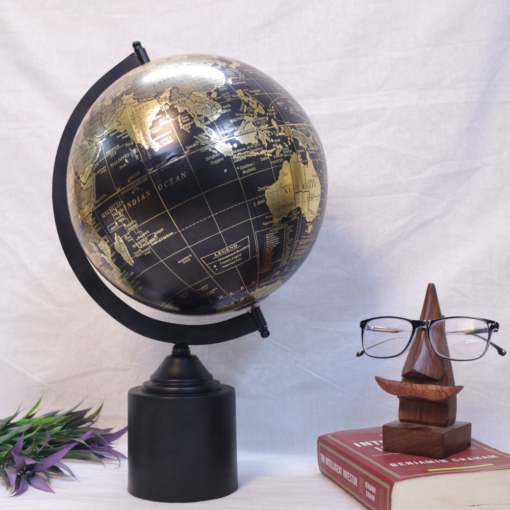 Black Desk Globe on Iron Stand – 16 inch — Matte black sphere with gold line work