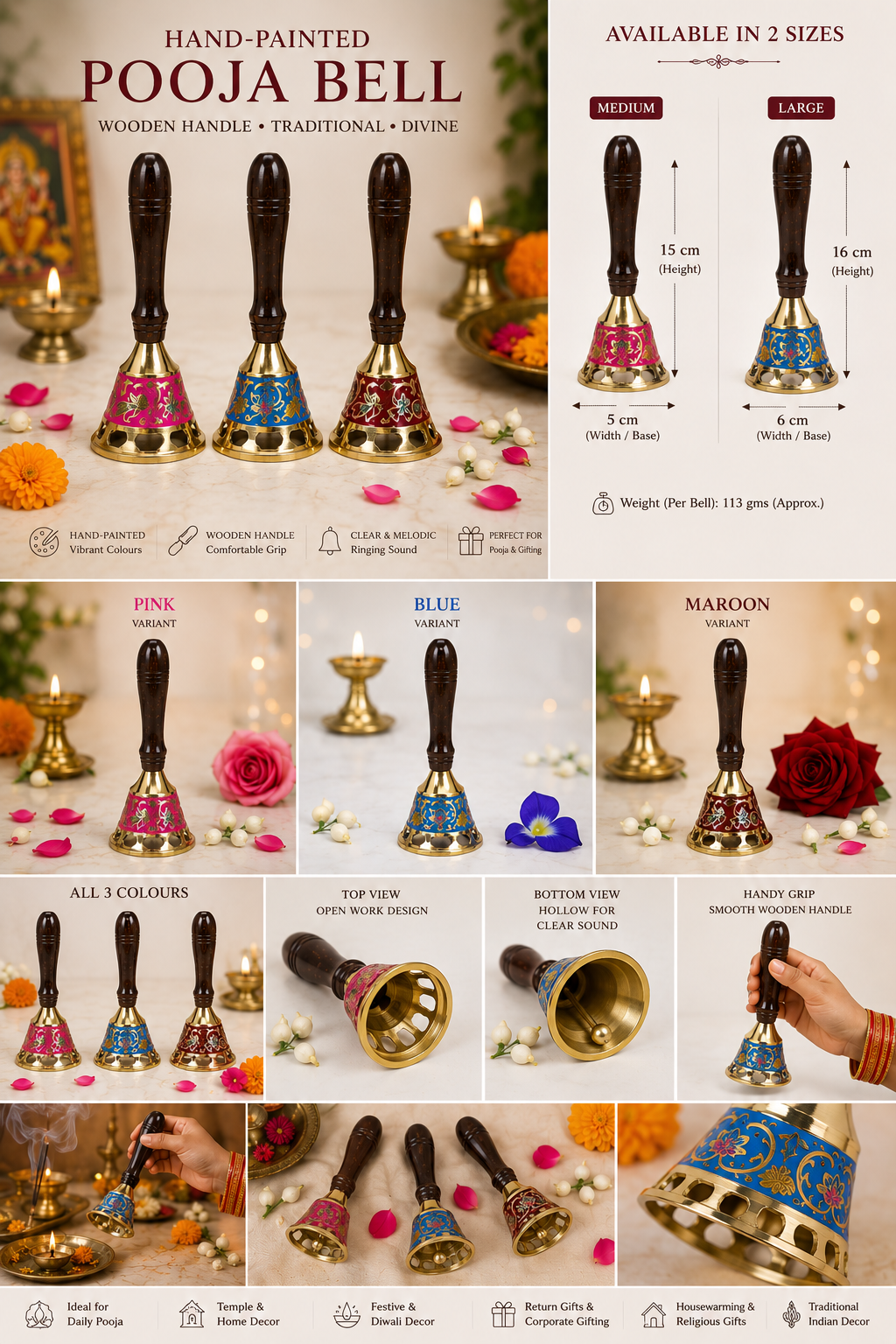 Hand-Painted Pooja Bell with Wooden Handle – Traditional Decorative Temple Bell